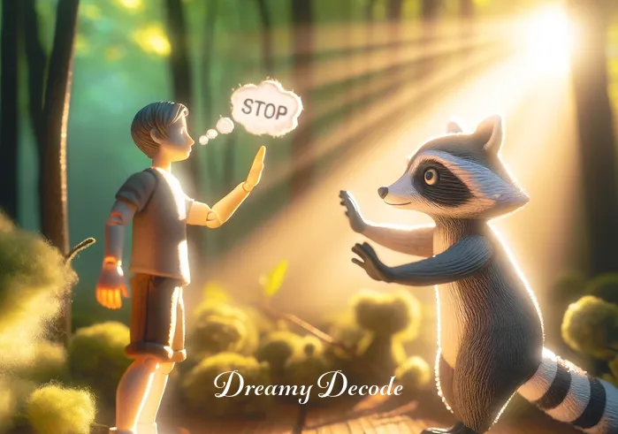 raccoon attack dream meaning _ The dreamer and the raccoon are shown in a whimsical standoff, with the dreamer holding out a hand in a "stop" gesture and the raccoon standing on its hind legs, mimicking the gesture, illustrating a moment of light-hearted conflict in the dream.