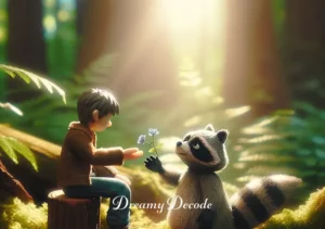 raccoon attack dream meaning _ A final scene where the dreamer and the raccoon sit side by side on the stump, sharing a laugh, with the raccoon holding a small peace offering, a flower, symbolizing resolution and understanding in the dream narrative.