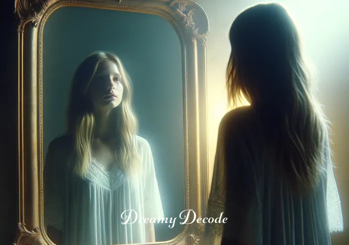 broken mirror dream meaning _ A dreamer stands in a tranquil, dimly lit room, gazing intently at a large, ornate mirror. The mirror, still whole, reflects the dreamer