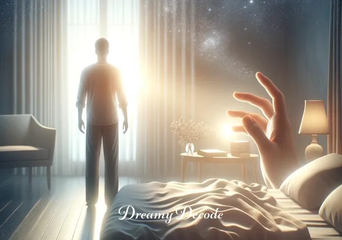 broken nail dream meaning _ A dreamer stands in a serene bedroom, gazing at their hands with a look of concern. One fingernail appears cracked, symbolizing the beginning of an introspective journey. The room is bathed in soft, morning light, suggesting a new day and new realizations.