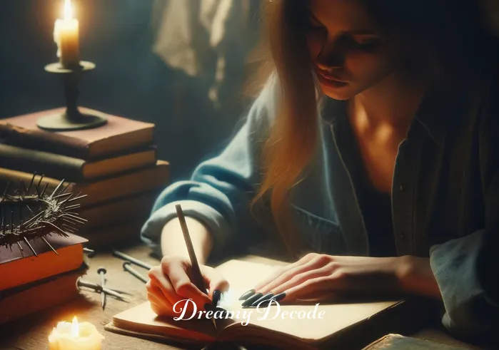 broken nail dream meaning _ The dreamer sits at a wooden desk, surrounded by books and a glowing candle. They