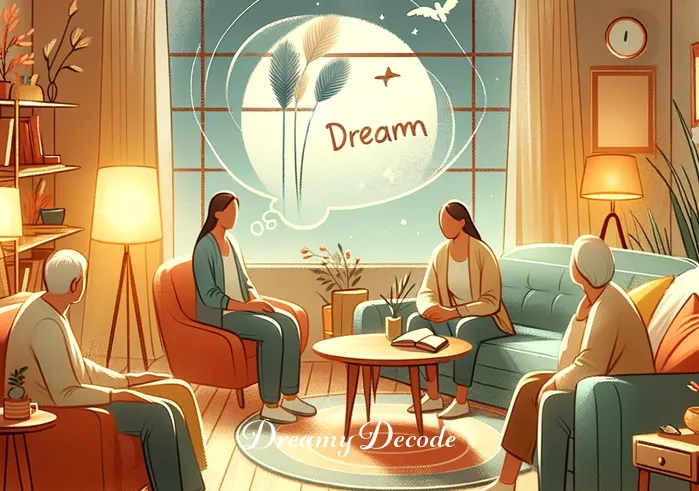 broken nail dream meaning _ The dreamer shares their dream interpretation with a small, attentive group in a cozy living room. The atmosphere is warm and supportive, indicating the dreamer's acceptance and growth from the experience of the broken nail dream.
