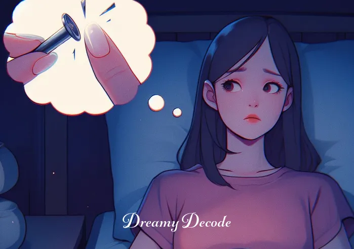 broken nails dream meaning _ In the third scene, the person is slightly stirring in their sleep. The dream bubble shows the broken nail drifting apart, symbolizing separation or change. The room remains softly lit, and the person