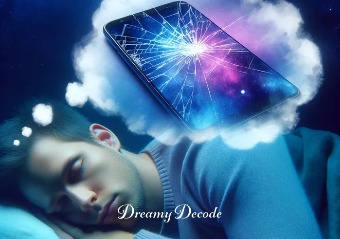 broken phone dream meaning _ A person in a peaceful sleep with a slightly troubled expression, surrounded by soft blue and purple hues, symbolizing a dream state. In the dream bubble above, there