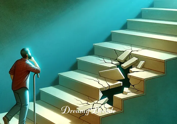 broken stairs dream meaning _ The same dreamer is now a few steps up, pausing as they notice the first signs of wear on the stairs. Small cracks and missing pieces in the steps represent emerging challenges or fears in the dreamer