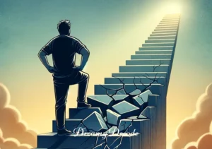 broken stairs dream meaning _ At the top of the staircase, the dreamer stands beside the last step, which is completely shattered. Despite the broken step, they gaze forward with determination, illustrating the concept of overcoming difficulties and the importance of perseverance in the face of adversity.