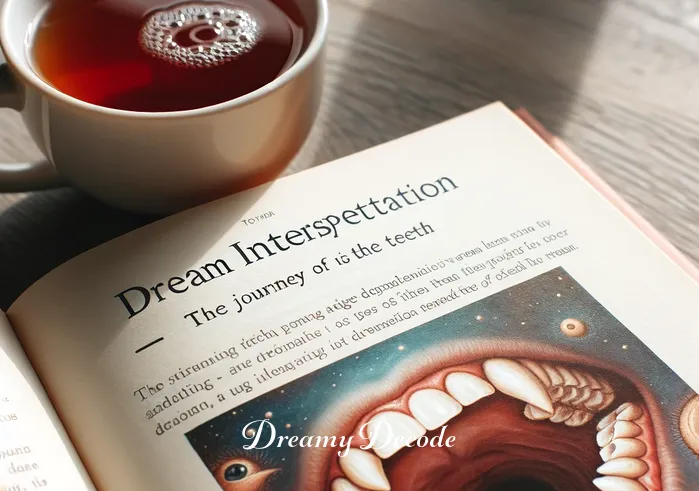 broken teeth dream meaning _ A close-up of a book titled "Dream Interpretation" open on a table, with a cup of tea beside it. The page visible discusses the symbolism of teeth in dreams, suggesting a journey of understanding the dream