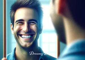 broken teeth dream meaning _ The person from the first image, now smiling and looking relieved in a brightly lit room. The mirror reflects a confident smile with intact teeth, symbolizing a resolution and understanding of the dream's meaning.