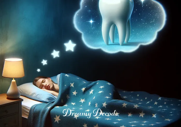 broken teeth dream spiritual meaning _ A serene bedroom at night, with a person peacefully sleeping under a star-patterned blanket. A dream bubble shows a faint image of a tooth, symbolizing the beginning of a dream about teeth.
