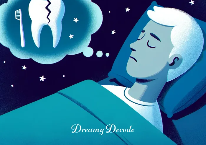 broken teeth dream spiritual meaning _ The same sleeping person, now with a slightly furrowed brow. The dream bubble has expanded to show a cracked tooth, illustrating the progression of the dream towards the theme of broken teeth.