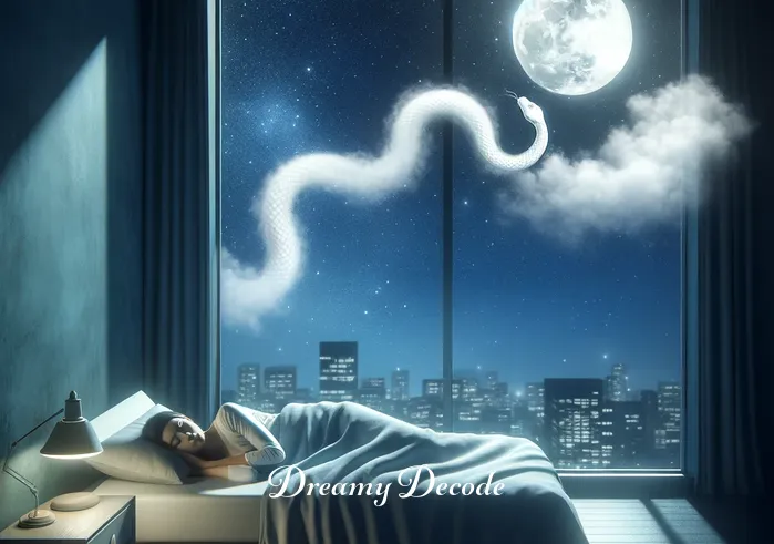 snake attack in dream meaning _ A serene bedroom with a dreamer sleeping peacefully under a starry night sky, visible through a large window. The room is bathed in soft moonlight, casting gentle shadows. A faint image of a snake is beginning to materialize in the dream cloud above the sleeper
