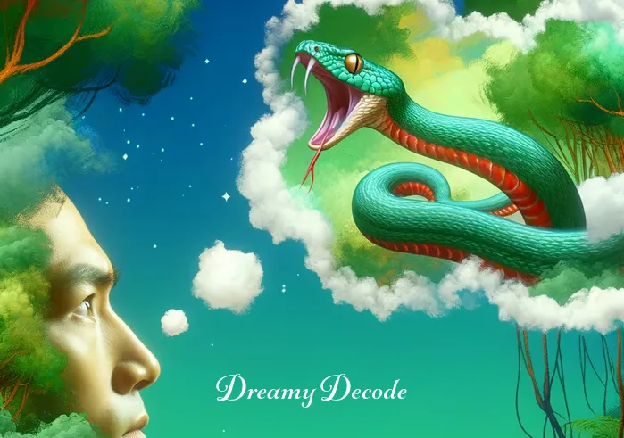 snake attack in dream meaning _ The dream cloud has now fully formed into a vivid, but non-threatening, scene of a snake slithering through a lush green forest. The dreamer