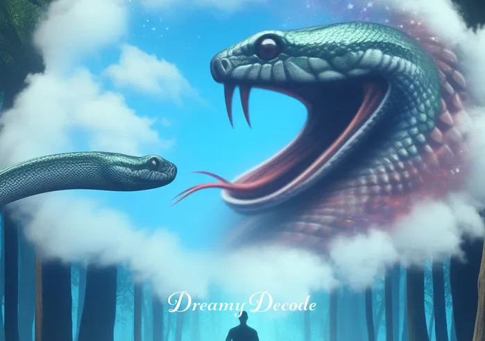 snake attack in dream meaning _ The dream sequence intensifies, showing the snake now facing the dreamer in a symbolic standoff, but without any aggression. This represents a confrontation with personal fears or hidden emotions within the dream. The surrounding forest scene appears more vibrant, highlighting the dream