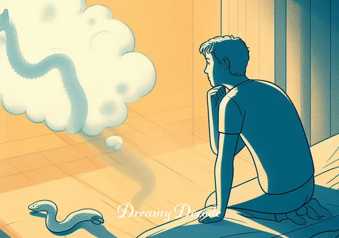 snake attack in dream meaning _ The final scene shows the dreamer waking up in a sunlit room, looking thoughtful and introspective. The dream cloud is dissipating, leaving behind a small, symbolic snake figure on the pillow, signifying the dreamer's successful confrontation with and understanding of their subconscious fears.