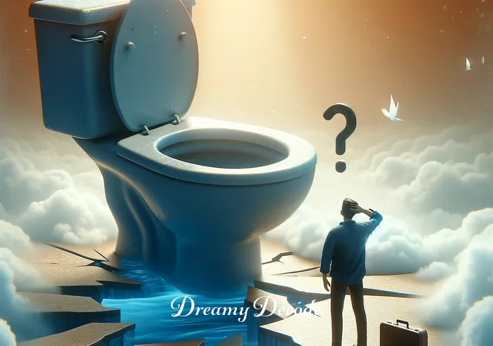 broken toilet dream meaning _ A vivid dream sequence where a person stands perplexed in front of a broken toilet, symbolizing feelings of vulnerability or loss of control. The toilet