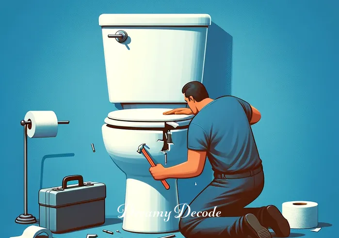 broken toilet dream meaning _ The dream transitions to the same person attempting to fix the broken toilet, representing a struggle to address underlying emotional or psychological issues. Tools are scattered around as the person kneels, trying to piece the toilet back together, showing determination and effort.