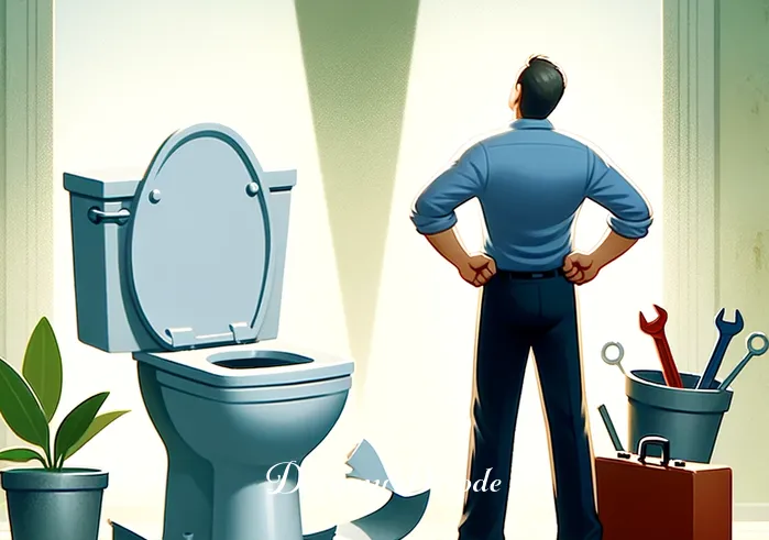 broken toilet dream meaning _ Next, the person successfully repairs the toilet, signifying overcoming challenges and finding solutions to personal problems. The scene shows the toilet intact, the person standing back with a sense of accomplishment, hands on hips, and a relieved smile.