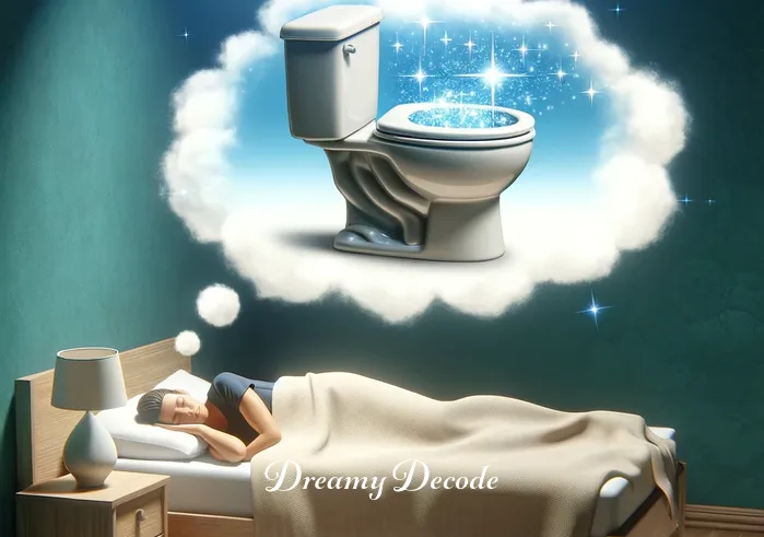 broken toilet dream meaning _ The final scene depicts the person peacefully sleeping in bed, with a dream cloud above showing a sparkling, fully functional toilet. This represents resolution, inner peace, and the successful processing of deep-seated emotions or fears.