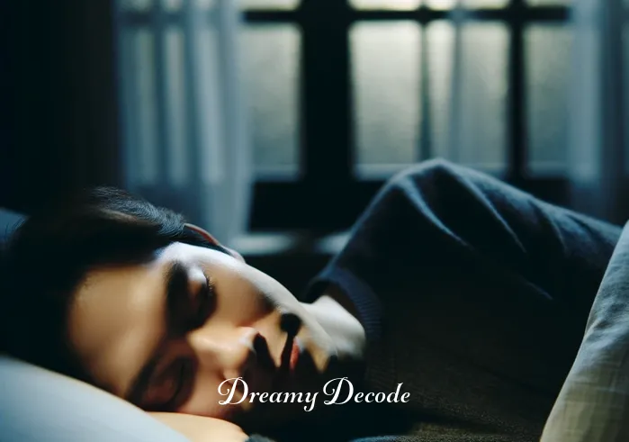 broken tooth dream meaning _ A person peacefully sleeping in a cozy, dimly lit bedroom, with soft moonlight filtering through the window, casting gentle shadows across the room. The person