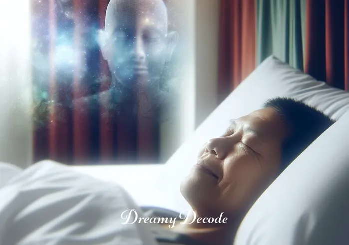broken tooth in dream meaning _ A person lying in bed, eyes closed, with a peaceful expression, signifying the beginning of a dream. The room is softly lit and the bedding is cozy, creating a serene and tranquil atmosphere.