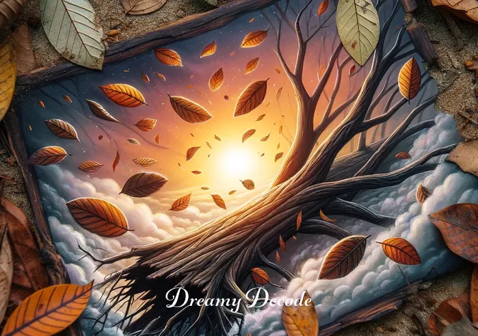 broken tree branch dream meaning _ The branch has now broken and fallen to the ground, surrounded by fallen leaves, depicting a moment of loss or realization in the dream narrative.
