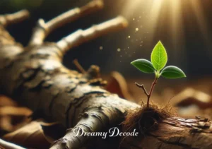 broken tree branch dream meaning _ A new sapling growing next to the fallen branch, symbolizing hope, resilience, and new beginnings after overcoming challenges in the dream.