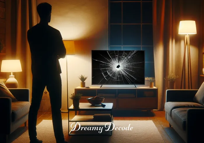 broken tv dream meaning _ A person stands in a cozy living room, gazing thoughtfully at a television with a cracked screen. The room is dimly lit, creating a somber atmosphere. This reflects the initial realization or discovery of the broken TV, symbolizing unexpected disruptions or changes in one