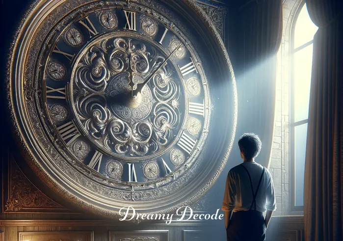 broken watch dream meaning _ A dreamer stands in a dimly lit room, looking at a large, ornate wall clock with its hands frozen at midnight. The clock