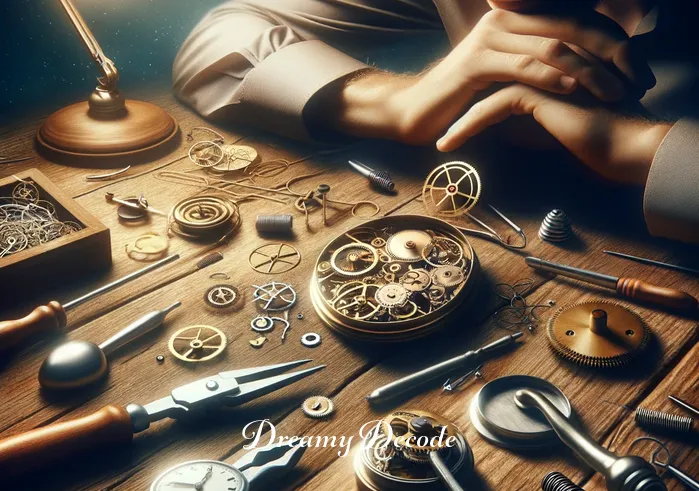 broken watch dream meaning _ The third image depicts the dreamer sitting at a wooden desk, surrounded by various clock parts and tools, symbolizing an attempt to repair the broken watch. The focus is on their hands, meticulously working on the delicate gears and springs, reflecting a desire to understand and fix the underlying issues in their life represented by the broken watch.