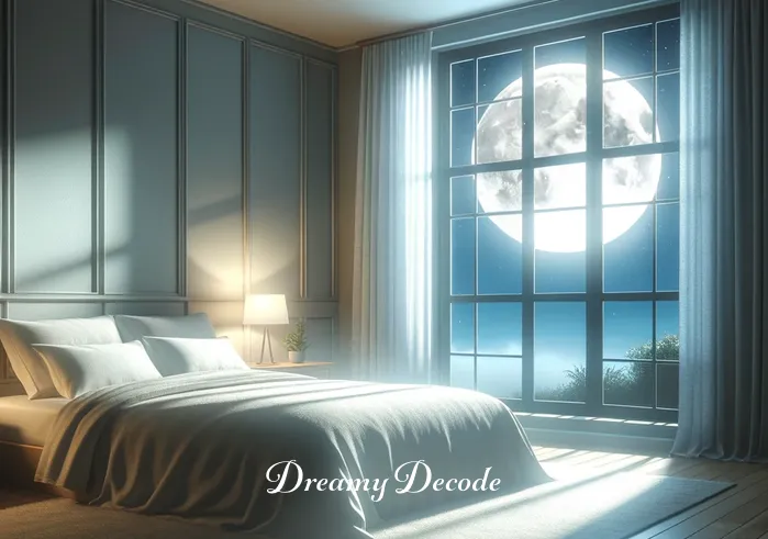 broken window dream meaning _ A serene bedroom with moonlight streaming through an intact window, casting a peaceful glow over a neatly made bed. The room is decorated in soft colors, suggesting a calm and restful atmosphere.