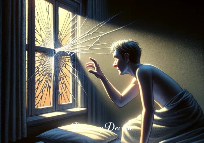 broken windows dream meaning _ The same room now slightly dimmer, with the person examining the window more closely. The crack in the window has grown, branching out like a spiderweb. The person