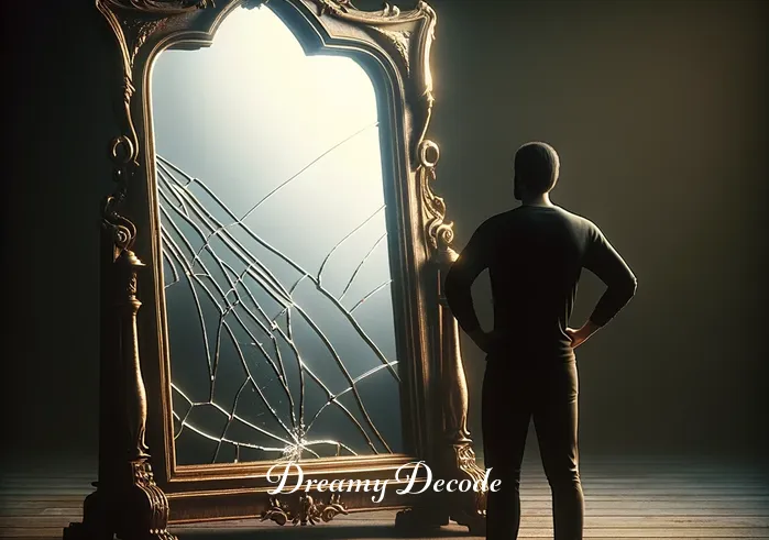 dream meaning broken glass _ A person stands in a dimly lit room, gazing thoughtfully at a large, ornate mirror. The mirror, though intact, casts a fractured reflection, symbolizing the initial sense of something being amiss in one