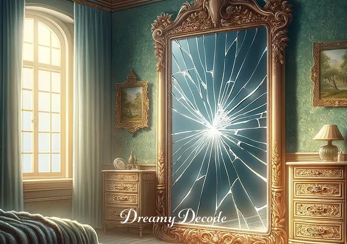 dream meaning broken glass _ The same room now shows the mirror with a small, yet noticeable crack. This represents the escalation of internal conflicts or unresolved issues, as often interpreted in dreams featuring broken glass.