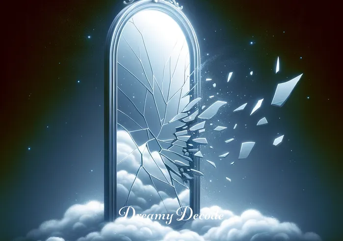 dream meaning broken glass _ The mirror is further cracked, with several pieces starting to fall away. This image signifies the breaking point in dream symbolism, where unresolved issues or internal conflicts reach a peak, often leading to a moment of realization or the need for change.