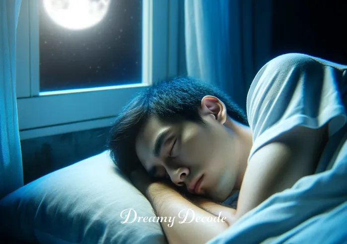 dream meaning broken leg _ A person peacefully sleeping in their bed with a worried expression, as if experiencing a troubling dream. The moonlight gently filters through the window, casting a serene glow over the room.