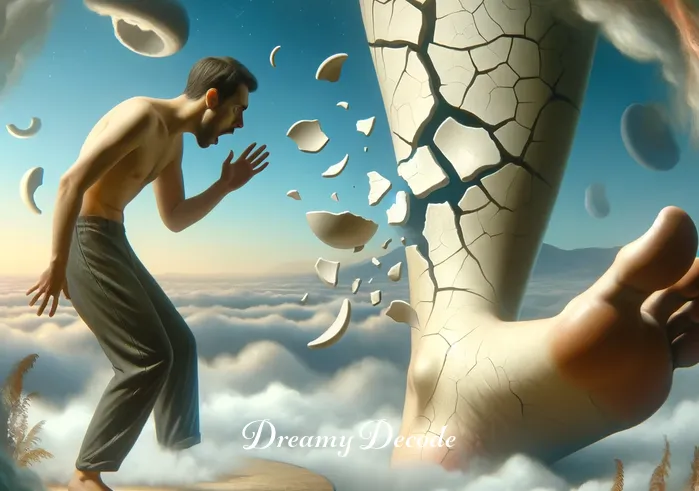 dream meaning broken leg _ The same person now appearing in a dreamlike landscape, surrounded by mist and surreal elements. They look down with surprise at their leg, which is visually represented as cracked like porcelain, symbolizing a broken leg in the dream.