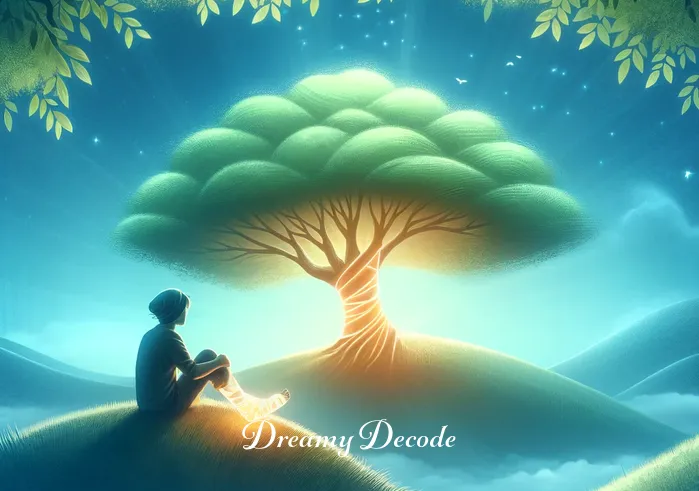 dream meaning broken leg _ A transition to a more hopeful scene in the dream, where the person is sitting on a tranquil hill under a large, leafy tree. They are looking at their leg, now wrapped in a soft, glowing bandage, indicating healing and recovery.