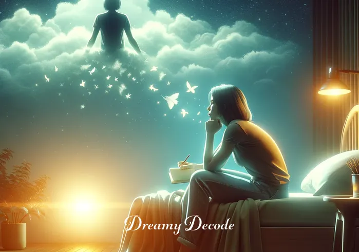 dream meaning broken leg _ The final image shows the person waking up from their dream, sitting on their bed in the early morning light. They look contemplative and relieved, with a notebook and pen in hand, possibly to record their dream and its meanings.