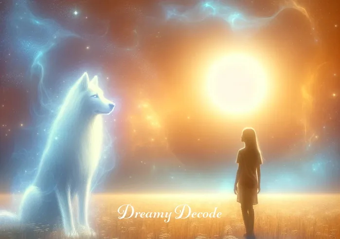 spiritual meaning of dog attack in dream _ A serene landscape at twilight with a dreamlike quality, featuring a gentle, ethereal dog gazing towards the horizon, symbolizing the beginning of a spiritual journey in a dream.