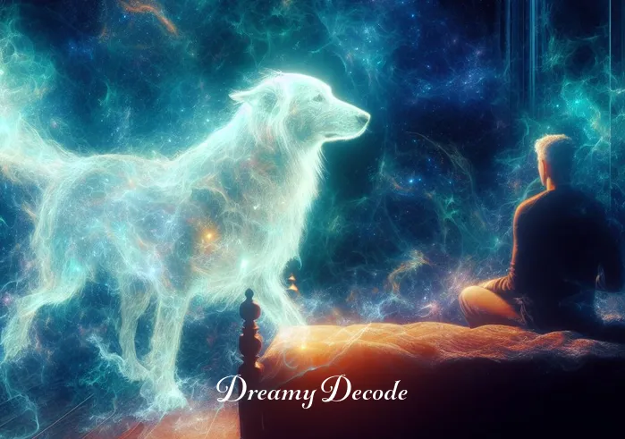 spiritual meaning of dog attack in dream _ A mystical scene where the ethereal dog begins to approach the dreamer, creating a sense of anticipation and introspection about the upcoming spiritual encounter.
