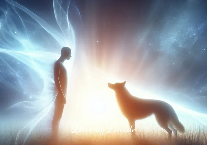 spiritual meaning of dog attack in dream _ The dreamer and the ethereal dog standing face to face in a luminous, peaceful field, conveying a moment of deep spiritual connection and understanding.