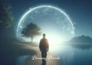 spiritual meaning of dog attack in dream _ A concluding image of the dreamer standing alone in the serene landscape, now bathed in the light of dawn, symbolizing personal growth and enlightenment after the spiritual encounter.
