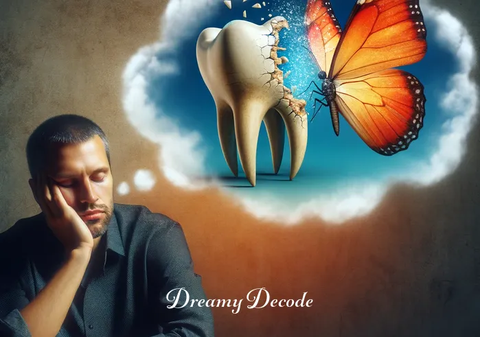 dream meaning broken tooth _ An image of the person deeply engrossed in a dream, represented by a thought bubble showing a vivid and colorful scene of a crumbling tooth transforming into a butterfly, symbolizing change and transformation.