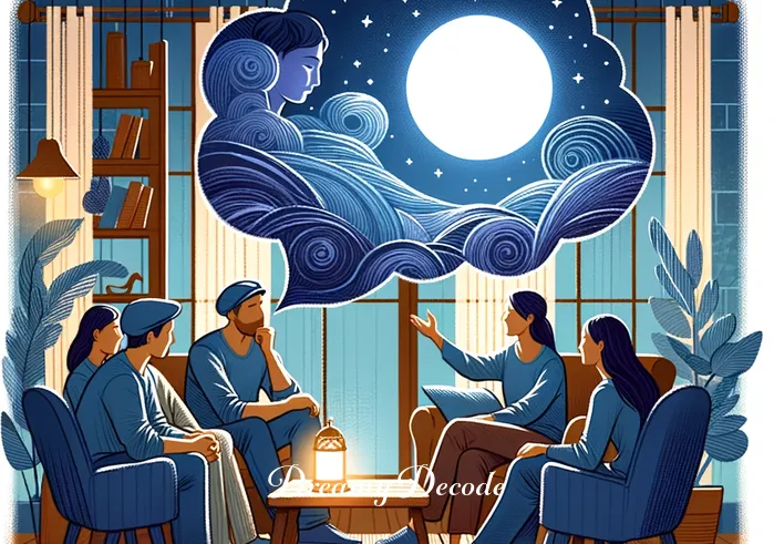 dream meaning broken tooth _ The final scene shows the person sharing their dream with a group of attentive friends in a cozy setting, illustrating a sense of community and shared interest in dream interpretation.