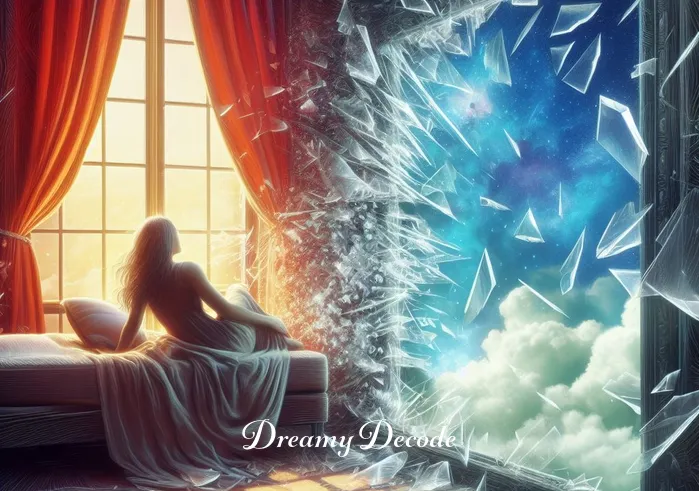 dream meaning broken window _ A vivid dream scene showing a once-intact window now shattered, with small fragments of glass scattered on the floor, metaphorically representing sudden change or disruption in the dreamer