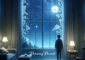 dream meaning of broken glass _ Finally, the room restored to calm with the broken glass gone, and the dreamer gazing out a clear window towards a starry night sky, symbolizing healing, acceptance, and newfound clarity after overcoming challenges.