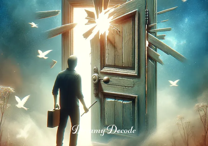 fixing a broken door in dream meaning _ A person examining a broken door in a dream, symbolizing initial recognition of a problem or challenge. The door is off its hinges and visibly damaged, with splintered wood and a broken lock, set in a dreamy, ethereal landscape that
