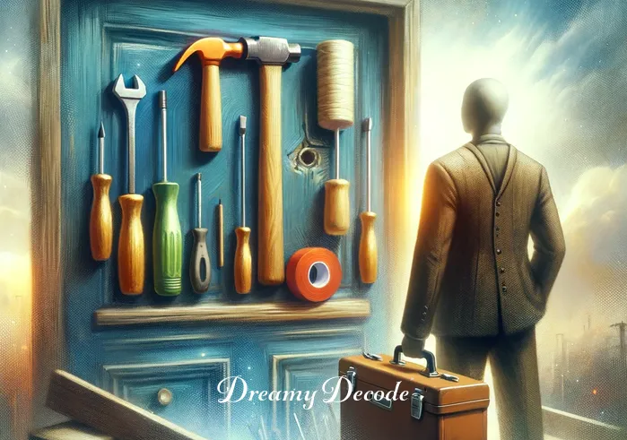 fixing a broken door in dream meaning _ A dream figure with a toolbox, representing the decision to address and repair issues symbolized by the broken door. The tools are arranged neatly, including a hammer, screwdriver, and wood glue. The background is a hazy, surreal version of a workshop, enhancing the dreamlike quality.
