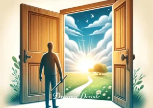 fixing a broken door in dream meaning _ The door fully repaired in the dream, symbolizing resolution and personal growth. The door now looks sturdy and new, standing open to a bright, peaceful landscape. The dream figure stands beside it, looking satisfied and confident, representing a sense of accomplishment and newfound stability.