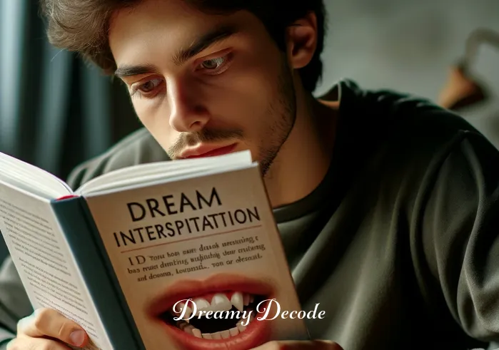 half broken teeth dream meaning _ The same person is now sitting at a table with a dream interpretation book open in front of them. They are intently reading a section about teeth, showing signs of curiosity and a desire for understanding.